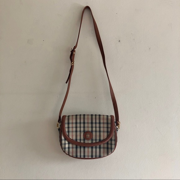 Vintage 80s Plaid Canvas/ Leather Cross Body Bag - Picture 2 of 16